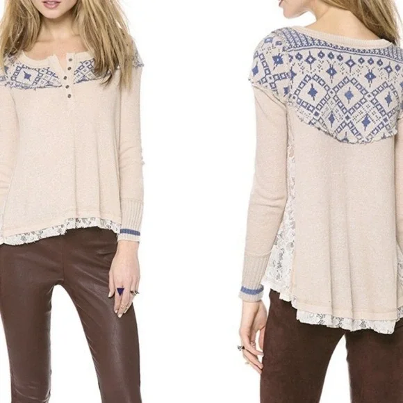 Free People Henley Shirt XS Cabin In Woods Cream Knit Lace Waffle Boho Fair Isle - Picture 8 of 11